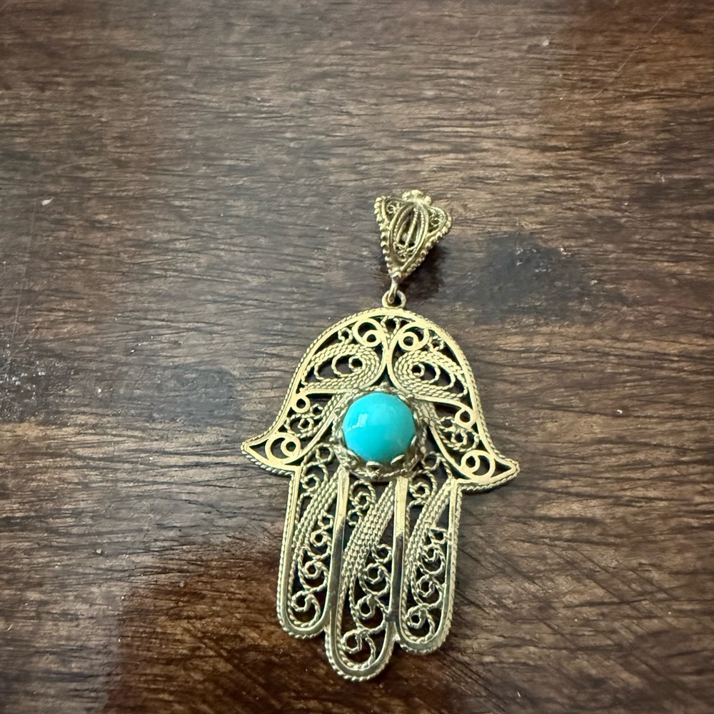 Gold Filigree Hamsa Pendant with Turquoise Stone